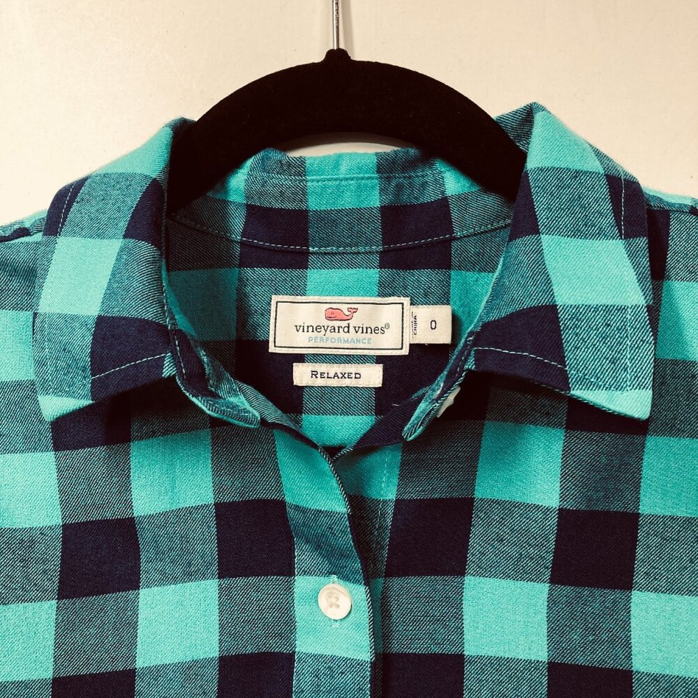 Vineyard Vines Performance Top, Women's 0 (XS), Relaxed Navy & Teal Check - Picture 3 of 11